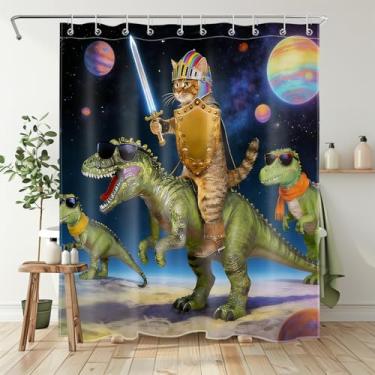 Imagem de NEONWE Cortina de chuveiro engraçada de gato, fantasia de dinossauro, planeta, animal, fantasia, galáxia, poliéster, cortinas para banheiro, tecido à prova d'água, decoração de banho com ganchos, 152