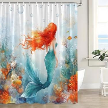 Imagem de LAEDCIITI Linda cortina de chuveiro sereia sob o mar, oceano, recife de coral, peixe, concha, aquarela, cauda de sereia, azul, escala costeira, conjunto de cortina de banheiro com gancho, 177 x 178 cm