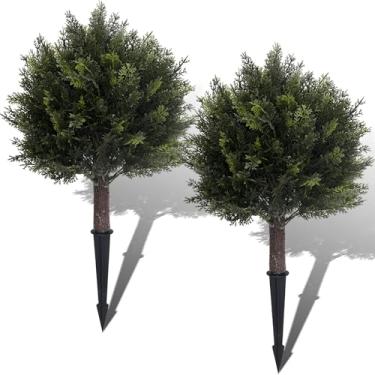 Imagem de IDMOP Bola de topiária de buxo artificial de 58 cm com lavanda, pacote com 2 arbustos falsos resistentes a UV com ponta de chão para decoração de jardim interno, varanda e pátio (verde)