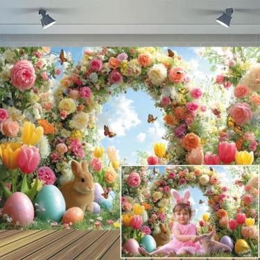 Imagem de XMJJKUF Primavera Feliz Páscoa Pano de fundo 3 x 2,4 m Vinil Encantado Jardim Arco Floral Coelho Colorido Ovos Borboleta Fotografia Fundo Conto de Fadas País das Maravilhas Decorações de Festa de