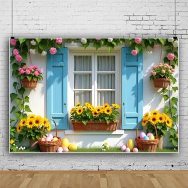 Imagem de XMJJKUF Pano de fundo de primavera Páscoa para casa, 3 x 2,4 m, jardim, grama, flor, ovos coloridos, janela branca, fundo fotográfico, decoração de festa de Páscoa, adereços para cabine de fotos