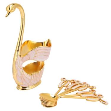Imagem de Phefop Conjunto de Colher de café Com Suporte de Base de Cisne, Colheres de Sobremesa Talheres de Sobremesa de Frutas Suporte de Base de Cisne Organizador de Colher Com 6 Colheres de Sorvete de