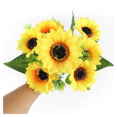 Imagem de Decoração de casa 1 lindo buquê de girassol flor de seda flor artificial casa jardim festa decoração de casamento DIY flor artificial (7 garfos 4 grandes e)