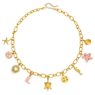 Imagem de Colar com pingente de sol, estrela-do-mar, pérola, coração, tartaruga, sol, dopamina, aço inoxidável, clavícula, joia banhada a ouro