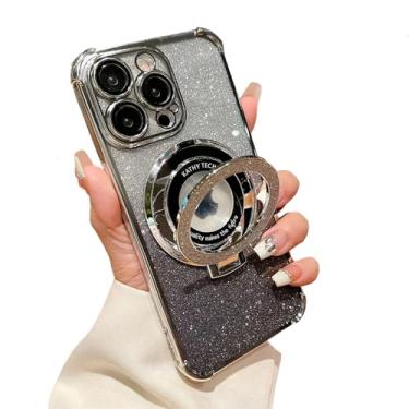 Imagem de HUHUCASE Capa para iPhone 16 15 11 12 13 14 Pro Max Plus com suporte de anel magnético, capa com glitter brilhante [compatível com MagSafe] Quatro cantos à prova de choque (prata, iPhone 15 ProMax)