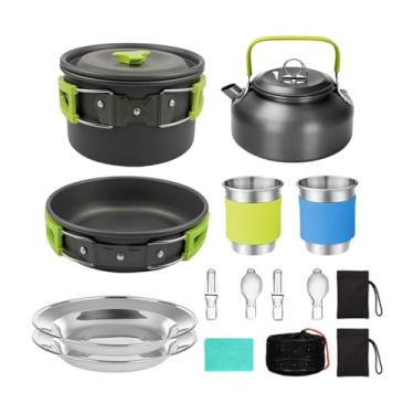 Imagem de KiBcsLic Kit de utensílios de cozinha para camping: copos, pratos, garfos, conjunto portátil para cozinhar em camping, incluindo panela, frigideira e chaleira, Verde
