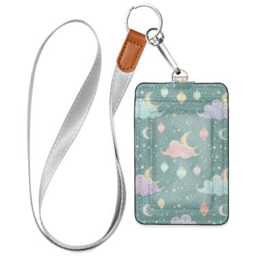 Imagem de Burbuja Porta-crachá de couro com cordão, etiqueta de identificação Cloud Moon com 1 janela transparente para identidade e 2 compartimentos para cartão para escritório, enfermeira, professor, médico