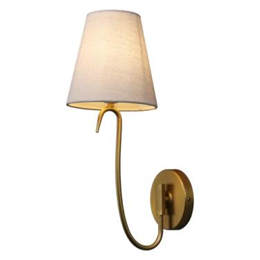 Imagem de PERMO Arandela de parede dourada antiga com sombra de tecido de linho E26 Hardwired vintage rústico, design de pescoço de ganso para quarto, sala de estar