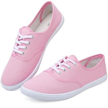 Imagem de Chaoslook Tênis feminino de lona branco leve com cadarço moderno confortável sapatos de lona cano baixo sem cadarço casual tênis caminhada calçados femininos, rosa, 40