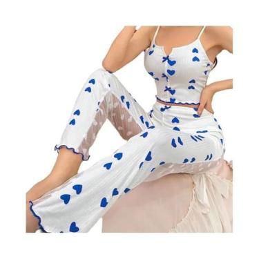 Imagem de Conjunto De Pijama Sexy Feminino De 2 Peças Em Renda De Malha Com Top 