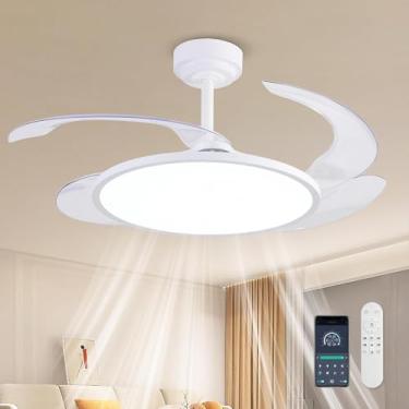 Imagem de AHAWILL Ventilador de teto retrátil de 122 cm com controle remoto/aplicativo, ventilador de teto sem lâminas com luzes LED, espectro completo contínuo, memória, lustre silencioso moderno para quarto