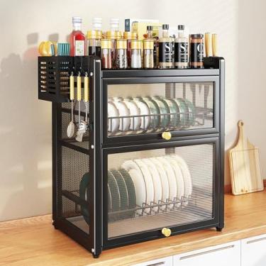 Imagem de Escorredor de louça de 3 camadas com capa à prova de poeira – Suporte de utensílios de cozinha independente e escorredor de pratos - Caixa de armazenamento de grande capacidade para tigelas - Design