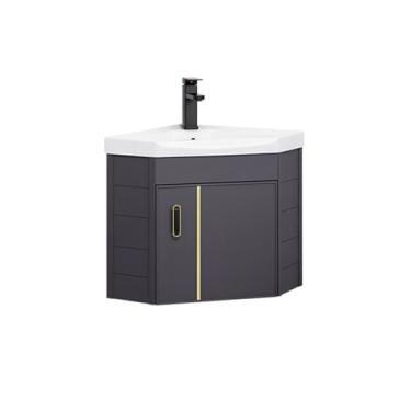 Imagem de Pia de vaso de montagem na parede, bacia de canto de banheiro de cerâmica, combo de pia de pia com economia de espaço com armário montado na parede para espaços pequenos