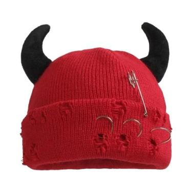 Imagem de Gorro De Inverno Unissex Com Chifres De Diabo Em Tricô, Touca Quente D