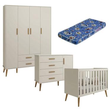Imagem de Quarto De Bebê Isis 4 Portas Areia Acetinado Com Colchão Ortobom - Reller