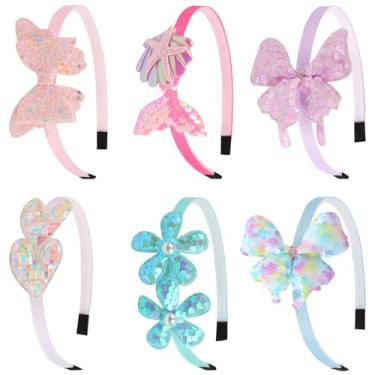 Imagem de Leery Bandanas infantis com glitter, faixa de cabeça infantil com laço coração estrela flores borboletas, pacote com 6, acessórios de cabelo para meninas (azul pó)