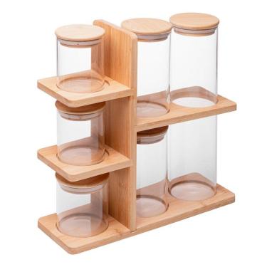 Imagem de Porta Temperos 6 Peças Vidro Com Tampa E Suporte De Bambu Wolff