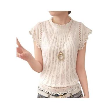 Imagem de Blusa Feminina De Verão Com Renda Floral, Manga Pétala, Chiffon, Gola 