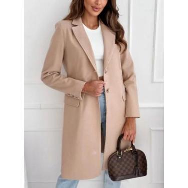 Imagem de Casaco Feminino Médio Longo Tweed - Detalhe de Botão, Cor Sólida, Outo