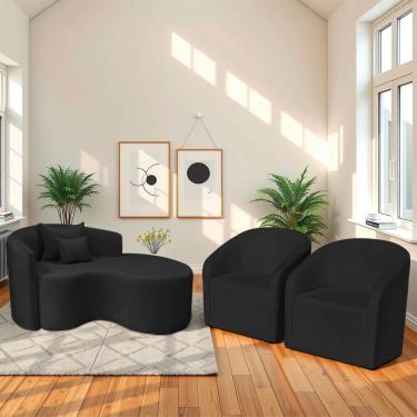 Imagem de Kit Recamier Curvo Sala De Estar Inglaterra 150cm Lado Direito E 2 Poltronas Orgânica Luxo Luiza Max Bouclé Preto