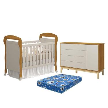 Imagem de Berço Americano Danny Com Colchão Ortobom E Cômoda Com Porta Elfe Classic Areia Savana Acetinado Natural - Reller