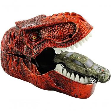 Imagem de Brinquedo Lançador de Carrinho Cabeça de Dinossauro Rex Que Lança Carro ao Fechar a Boca Realista Vermelho