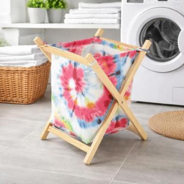 Imagem de Cesto de roupas organizador dobrável multiuso madeira tiedye - BEL