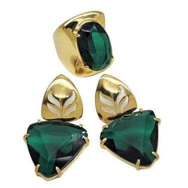 Imagem de Conjunto De Anel E Brincos Com Pedras Verde Esmeralda Banho De Ouro 18