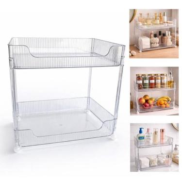 Imagem de Prateleira Multiuso Organizadora 2 Andares para Maquiagem e Cosméticos Acrílico com Pés Estáveis para Geladeira Mesa