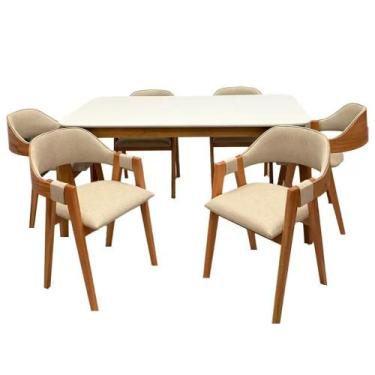 Imagem de Mesa de Jantar Alegra 160x80cm com Vidro e 6 Cadeiras Perola em Linho 