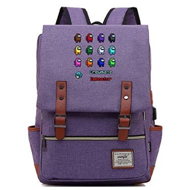 Imagem de Mochila retrô Space Game Among Pattern, mochila escolar retrô unissex (com USB), Roxa, Large, Clássico