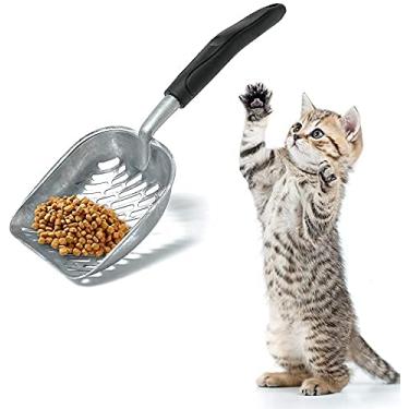 Imagem de Colher de areia para gatos com cabo longo de metal para gatos, peneira durável para animais de estimação, peneira antiaderente para peneirar rapidamente e remover grandes agachados, colheres resistentes para caixa de areia (preto)