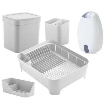 Imagem de Kit Cozinha Escorredor Louças Talheres Lixeira 4,7L Organizador De Pia Porta Sacolas Branco - Ou