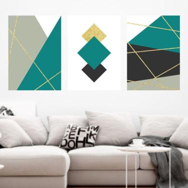 Imagem de Kit 3 Quadros Decorativos Linhas Douradas - Turquesa
