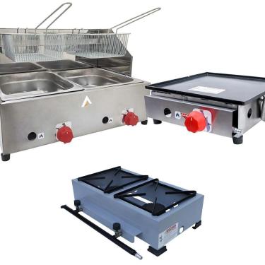 Imagem de Kit Lanchonete Fogão Portátil 2 Bocas + Chapa 30cm e Fritadeira Profissional 2 Cubas Alcamar