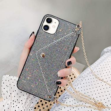 Imagem de Omorro Capa brilhante para iPhone 11, capa com lantejoulas de diamante com glitter e pequeno porta-cartões de crédito, capa carteira com corrente transversal brilhante, capa protetora traseira feminina preta