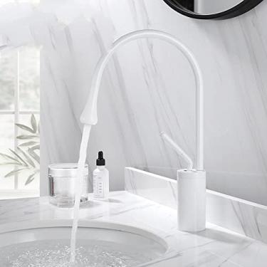 Imagem de Torneira de lavatório estilo gota escovado latão torneiras de banheiro quente frio misturador torneira 360 torneiras giratórias em cascata arte guindaste, branco curto