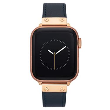 Imagem de Anne Klein Pulseira de couro moderna para Apple Watch segura, ajustável, substituição para Apple Watch, serve na maioria dos pulsos, Azul-marinho/tom de ouro rosa, 42/44/45/Ultra/Ultra 2, WK/1009RGNV
