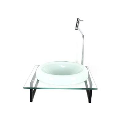 Imagem de GABINETE COM CUBA DE VIDRO CHAPEU 10MM BRANCA COM TAMPO 40CM INCOLOR MAIS TORNEIRA METAL CROMADA