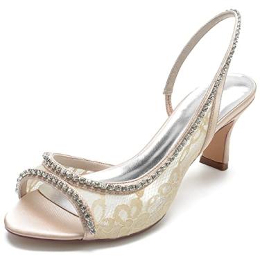 Imagem de Sandálias femininas de strass para casamento fofas de renda conforto salto gatinho peep toe Slingback, Champanhe, 10.5