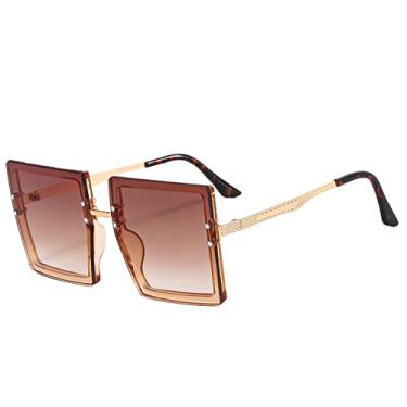 Imagem de Óculos de sol de metal quadrado espelho plano feminino rosto redondo feminino óculos de sol vintage de armação grande, chá de champanhe, um