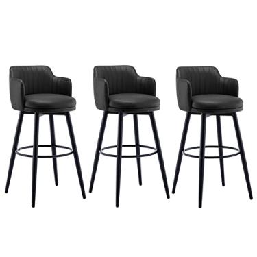 Imagem de Bancos de Barra Giratória Conjunto de 3 com Cadeira de Barra de Ilha de Cozinha Lombar, Altura do Balcão com Braços, Assento Estofado de Cromo de Couro Nappa, para Barras, Café, Lounge, Pubs