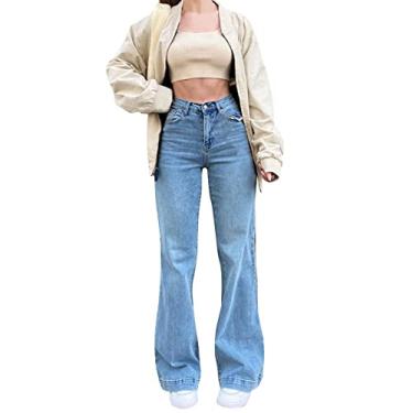 Imagem de Calça jeans feminina boca de sino com cintura alta flare para mulheres, calça jeans elástica boca de sino calça jeans feminina, Azul claro, M
