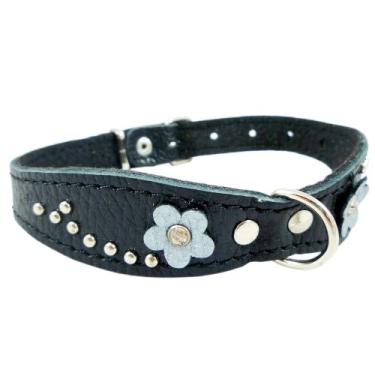 Imagem de Coleira para cachorro Dogs My Love preta de couro genuíno 28 x 9 cm com parafusos, margarida e strass