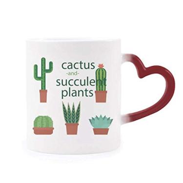 Imagem de Caneca sensível ao calor com ilustração de cacto de plantas suculentas em vaso e caneca de grés que muda de cor vermelha
