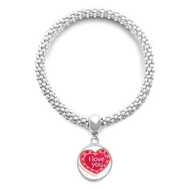 Imagem de DIYthinker Pulseira de prata com pingente de coração rosa para Dia dos Namorados I Love You Bracelete ajustável