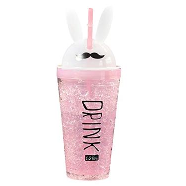 Imagem de Copo de viagem infantil de unicórnio com palha para garota, copo de gelo para freezer, caneca gelada com alça para tampa para piquenique festa aniversário (rosa coelho, 480 ml)