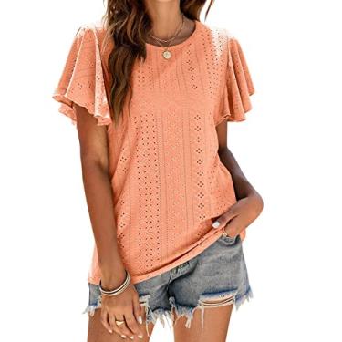 Imagem de Camiseta feminina manga com babados vazada casual top verão manga curta ajuste solto blusa tops manga redonda doce camisa, laranja, GG