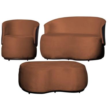 Imagem de Kit 1 Poltrona 1 Namoradeira e 1 Puff Grande Design Orgânico Beatriz Veludo Composê Corino Marrom - Estopar