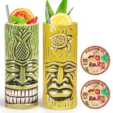 Imagem de Conjunto de 2 copos Tiki para coquetéis Tiki Canecas de cerâmica Tiki com decoração de barra de copos criativos Tiki Conjunto de canecas grandes copos havaianos Tiki Bar Tropical Drinkware Barware